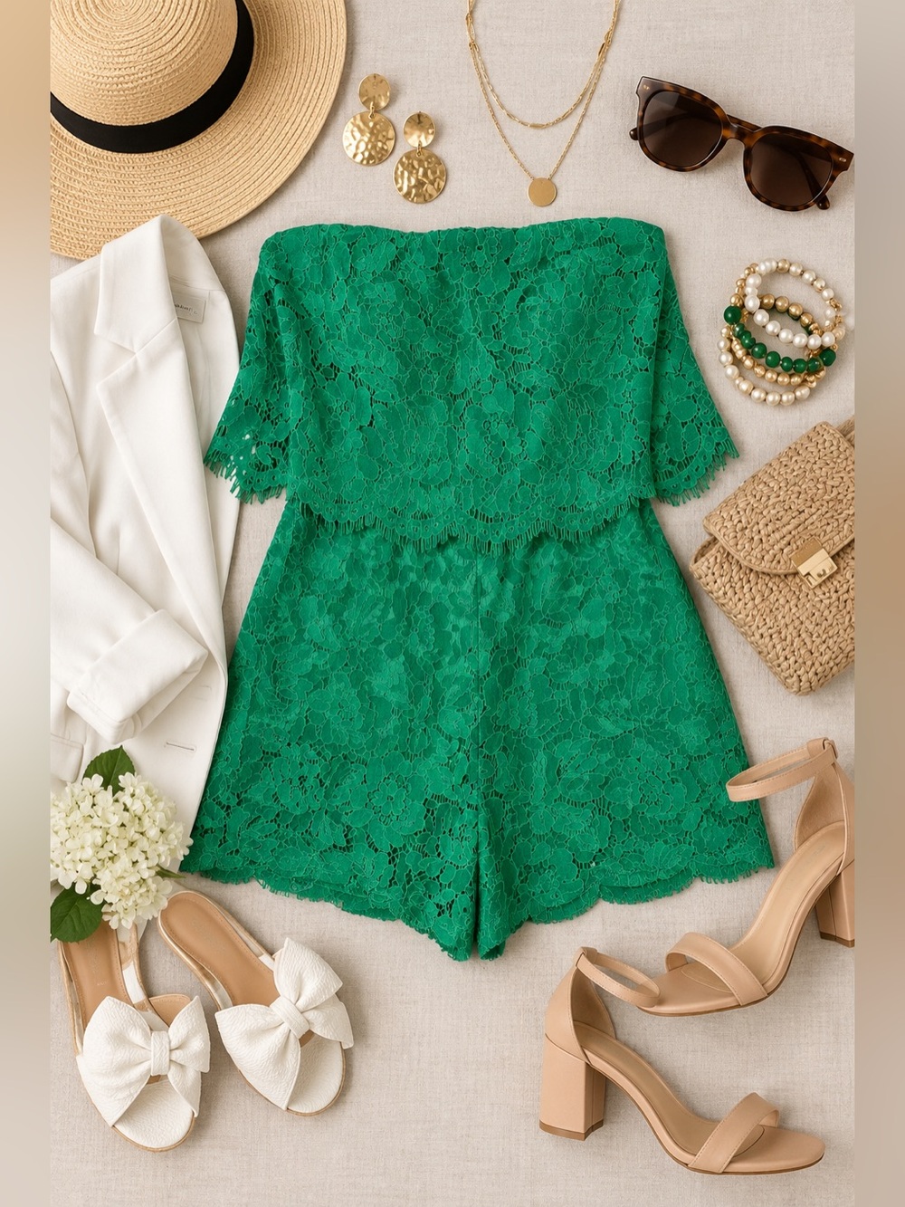 Sugar Lips Emerald Green Lace Strapless Romper NWT